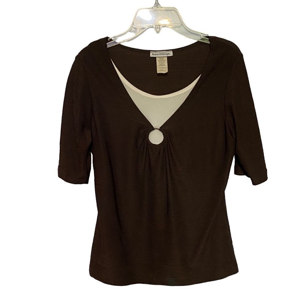 Bleeker & McDougal Textured Stretch Knit Brown‎ and White Short Sleeves Top with